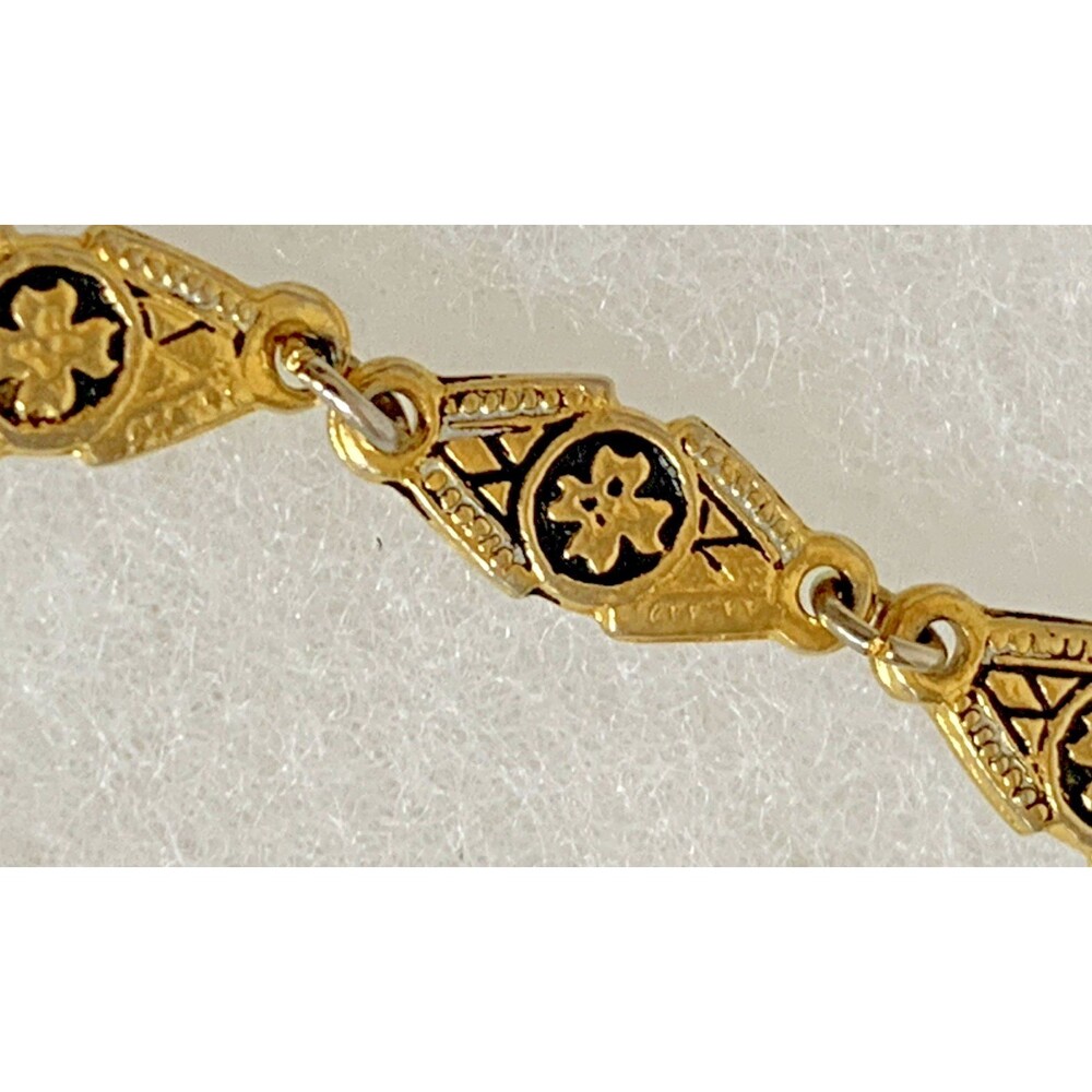 Vintage Damascene Bracelet Made In Spain Black Enamel Gold Tone Charm 7" - Picture 6 of 9